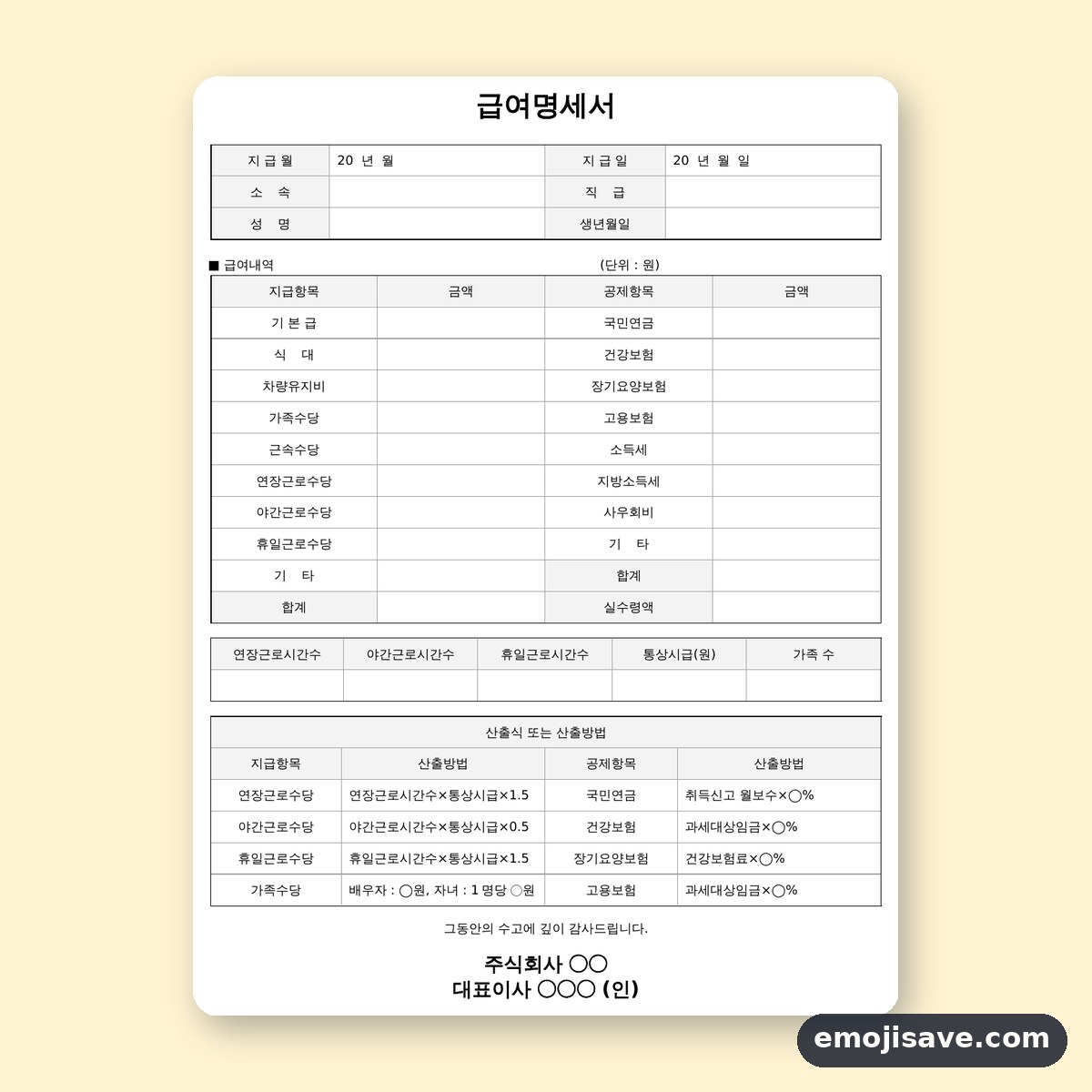 급여명세서 양식 기본항목, 칸마다 채운 작성 예시 미리보기
