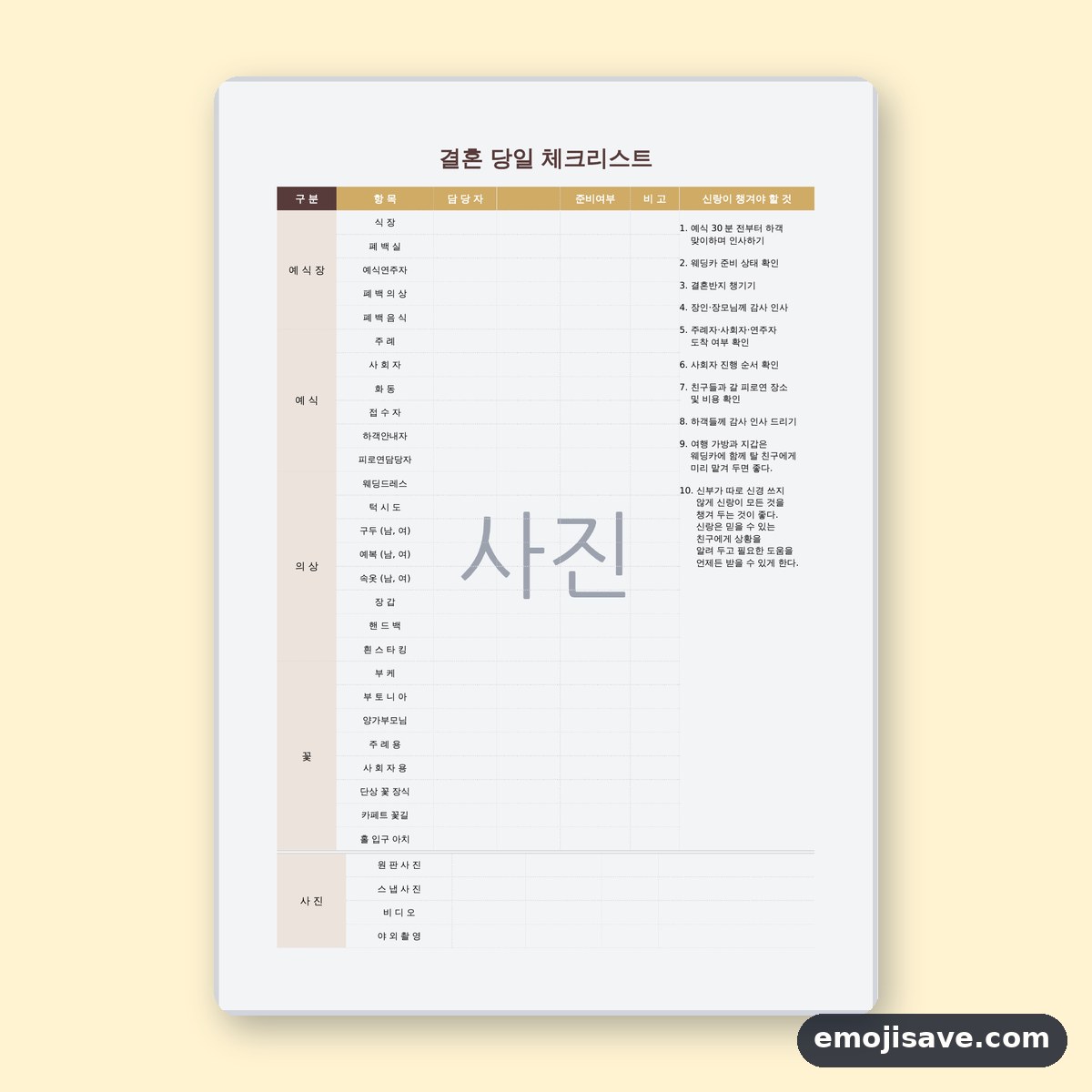 결혼식 당일 준비물, 칸을 채운 작성 예시와 예문 미리보기